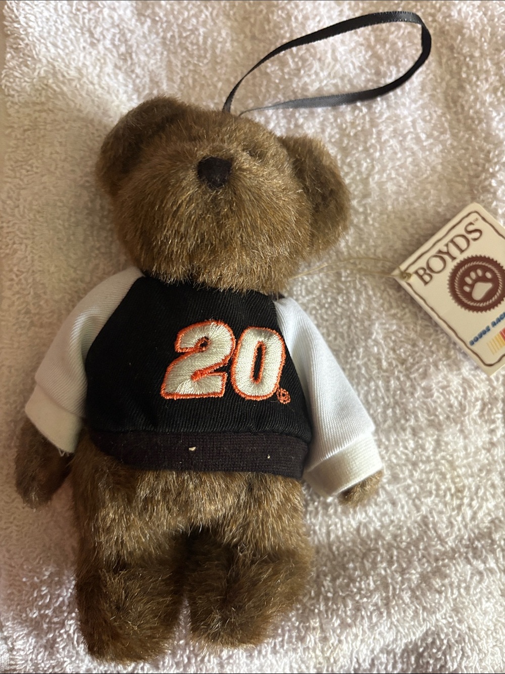 Boyds Bears Brown Plush Ornament with Black and White Jersey